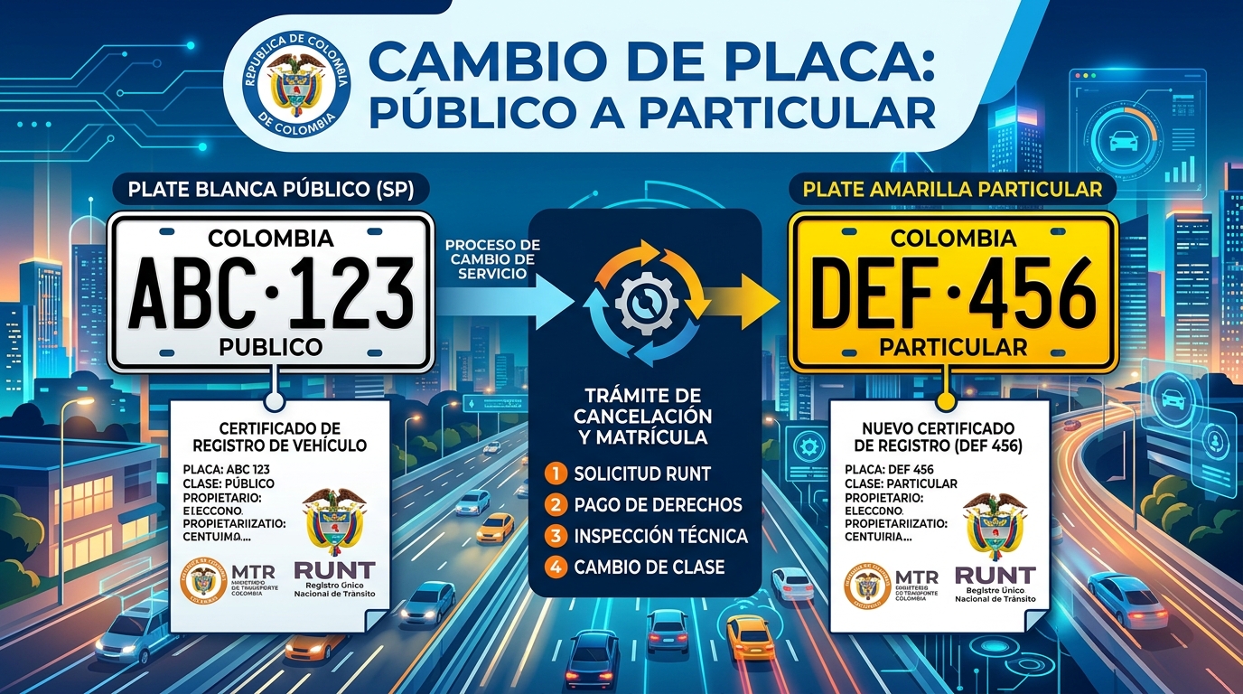 Trámite de cambio de placa blanca pública a placa amarilla particular en Colombia RUNT